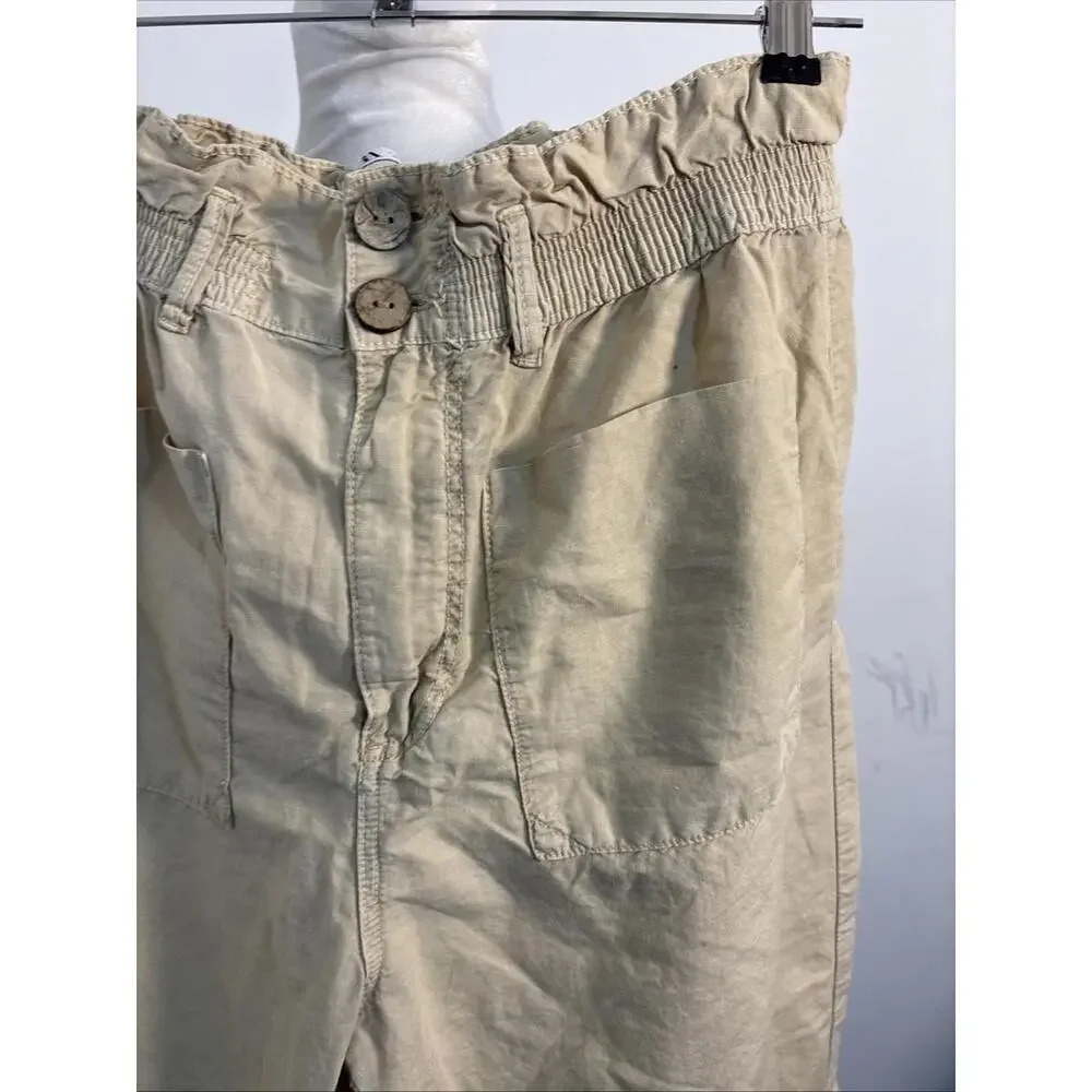 Zara Paperbag Joggers 8 Sand Square Pockets Trendy Ankle Barrel Leg Linen Blend
